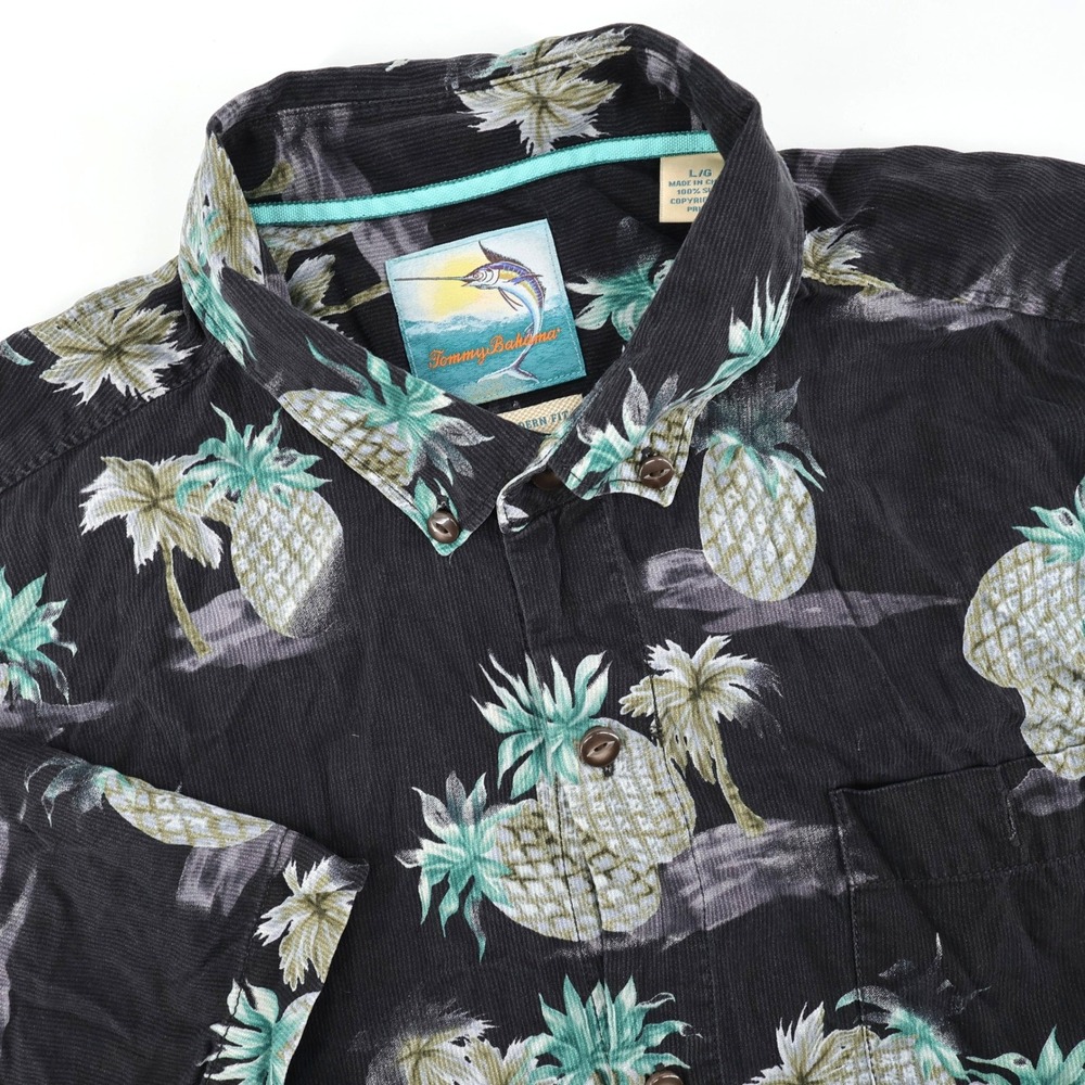 Tommy Bahama Pineapple Silk Button Down Camp Shirt Black Tropical Mens L